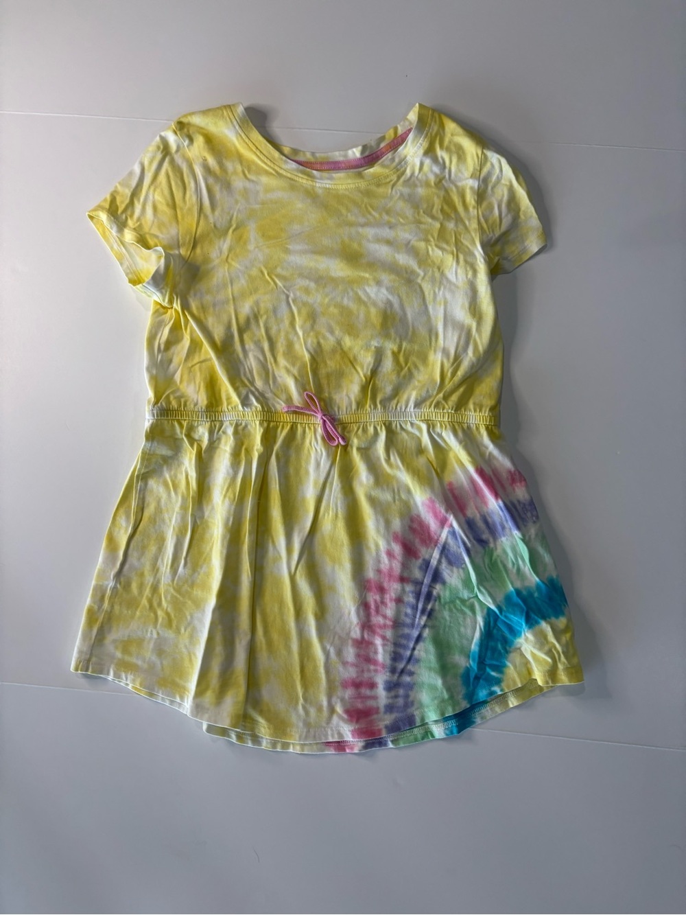 Lands' End Yellow Tie-Dye Short Sleeve Dress with Rainbow Accents size 14